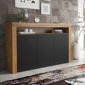 155cm Modern Sideboard Oak Matt & Black Matt, 3 Push-to-Open Doors, Contemporary Storage Cabinet for Living Room