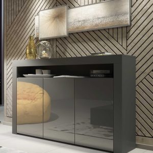 155cm Modern Sideboard Grey Matt & Grey Gloss, 3 Push-to-Open Doors, Contemporary Storage Cabinet for Living Room