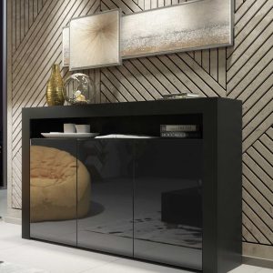 155cm Modern Sideboard Black Matt & Black Gloss, 3 Push-to-Open Doors, Contemporary Storage Cabinet for Living Room