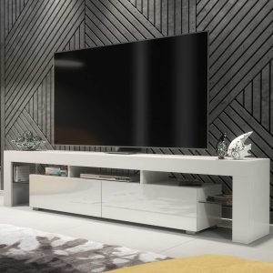 Extra-Wide 200cm Black Matt & Black Gloss TV Unit — Modern Media Cabinet with Glass Display, Push-to-Open Drop-Down Storage & AV Niches