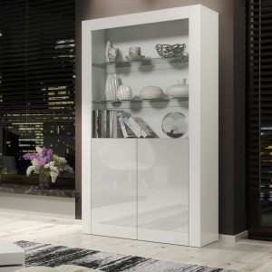 100cm Modern Display Cabinet White Matt & White Gloss, Push-to-Open Doors, Glass Shelves – Living Room Storage Unit
