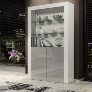 100cm Modern Display Cabinet White Matt & Grey Gloss, Push-to-Open Doors, Glass Shelves – Living Room Storage Unit