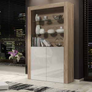 100cm Modern Display Cabinet Oak Matt & White Gloss, Push-to-Open Doors, Glass Shelves – Living Room Storage Unit