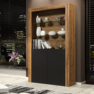 100cm Modern Display Cabinet Oak Matt & Black Matt, Push-to-Open Doors, Glass Shelves – Living Room Storage Unit