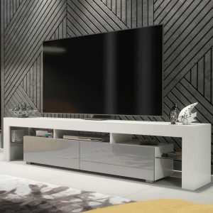 Extra-Wide 200cm White Matt & Grey Gloss TV Unit — Modern Media Cabinet with Glass Display, Push-to-Open Drop-Down Storage & AV Niches