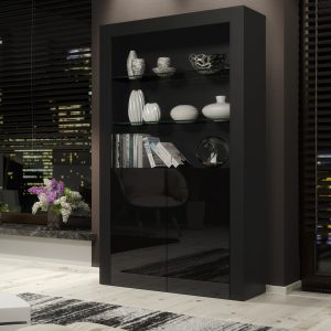 100cm Modern Display Cabinet Black Matt & Black Gloss, Push-to-Open Doors, Glass Shelves – Living Room Storage Unit
