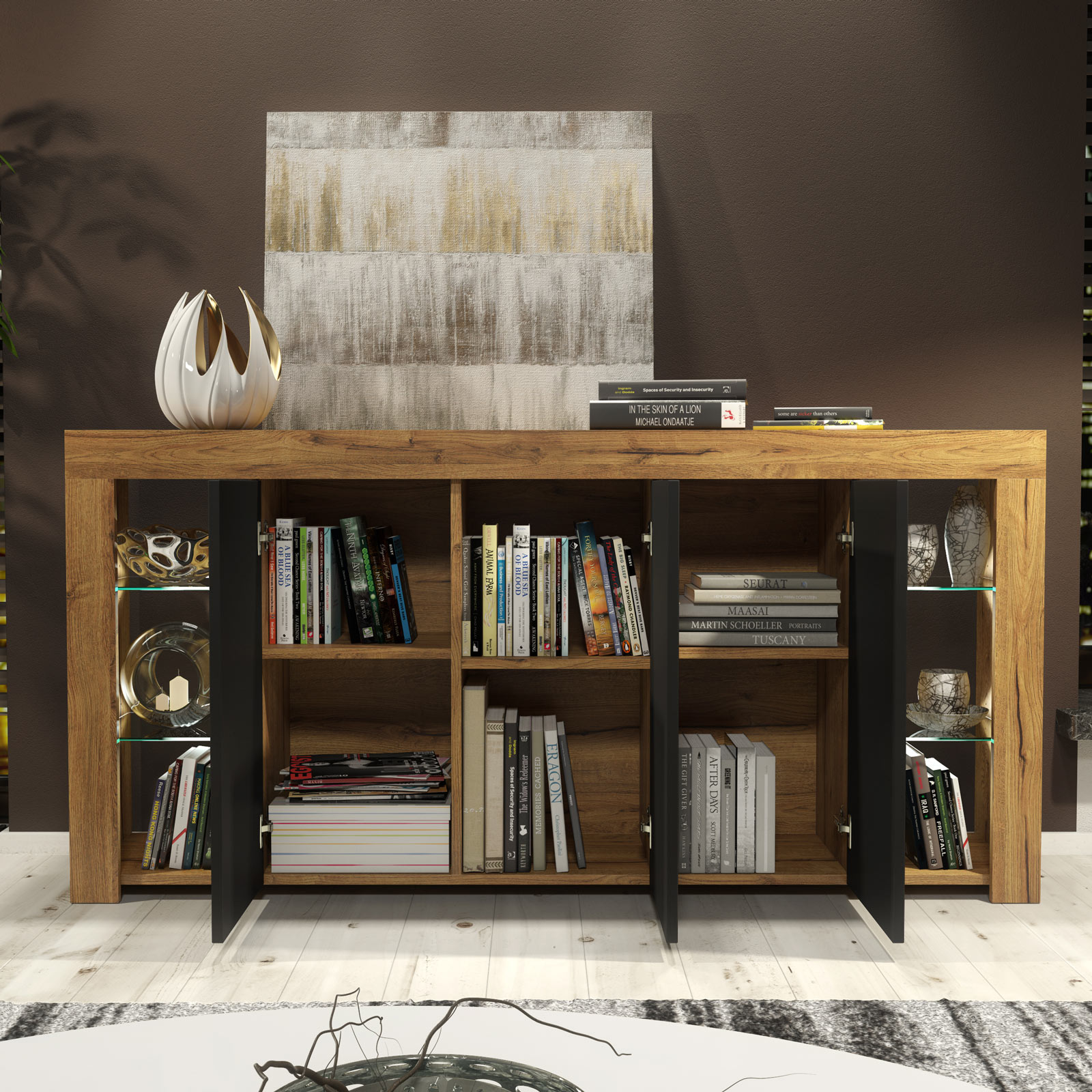 164cm Modern Sideboard Oak Matt & Black Matt with Free LED Lights – 3 Push-to-Open Doors, Glass Display Storage Cabinet - Image 3