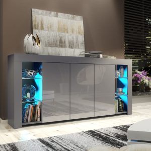 164cm Modern Sideboard Grey Matt & Grey Gloss with Free LED Lights – 3 Push-to-Open Doors, Glass Display Storage Cabinet