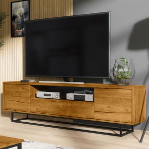 200cm Modern TV Unit Oak Matt on Black Frame with Drawer & Push-to-Open Doors – Industrial Style Media Cabinet