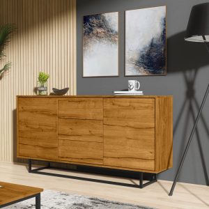 140cm Industrial Oak Sideboard with Black Metal Frame – 2 Push-to-Open Doors & 3 Drawers, Modern Storage Cabinet