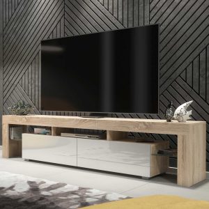 Extra-Wide 200cm Oak Matt & White Gloss TV Unit — Modern Media Cabinet with Glass Display, Push-to-Open Drop-Down Storage & AV Niches