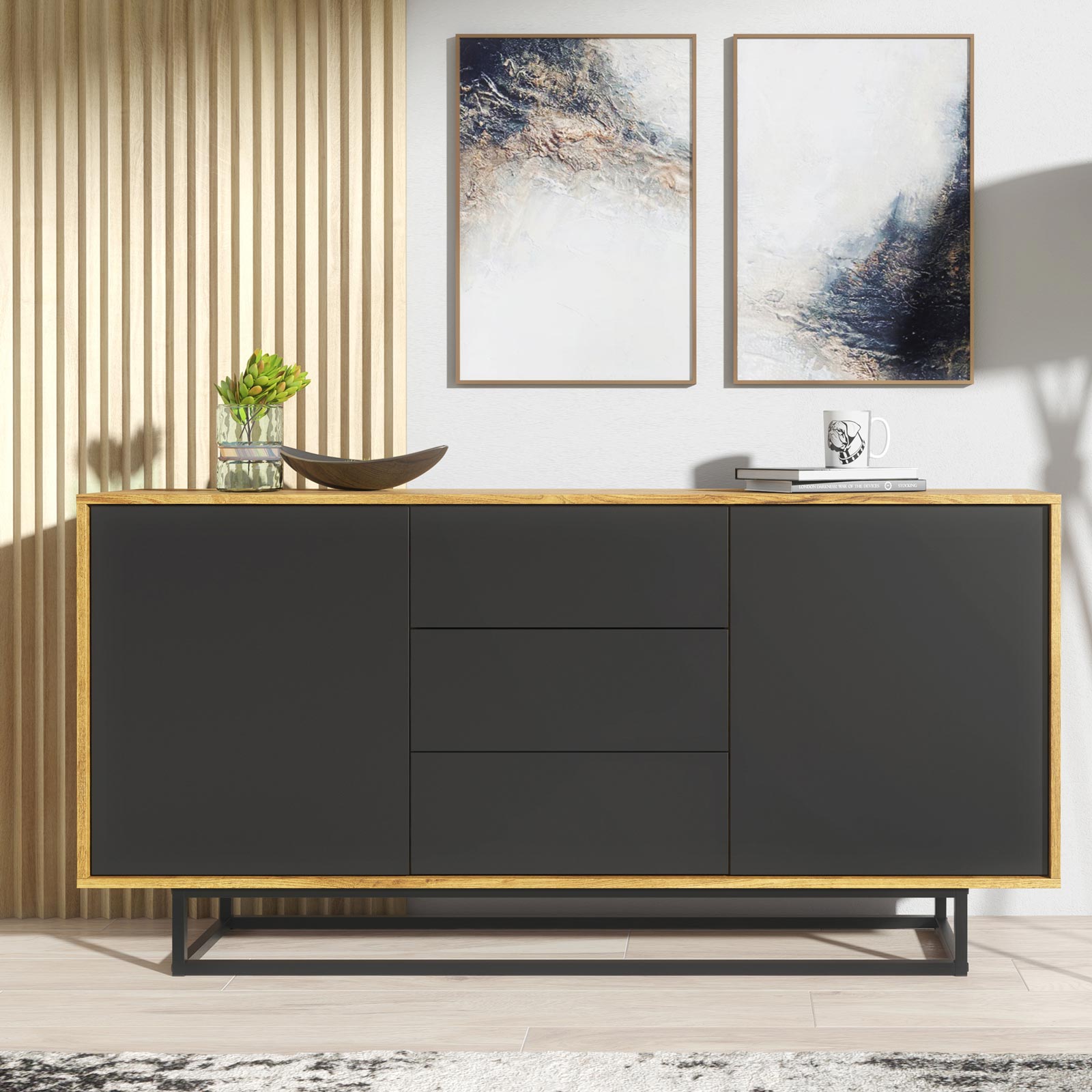 140cm Industrial Oak & Black Sideboard with Black Metal Frame – 2 Push-to-Open Doors & 3 Drawers, Modern Storage Cabinet - Image 2
