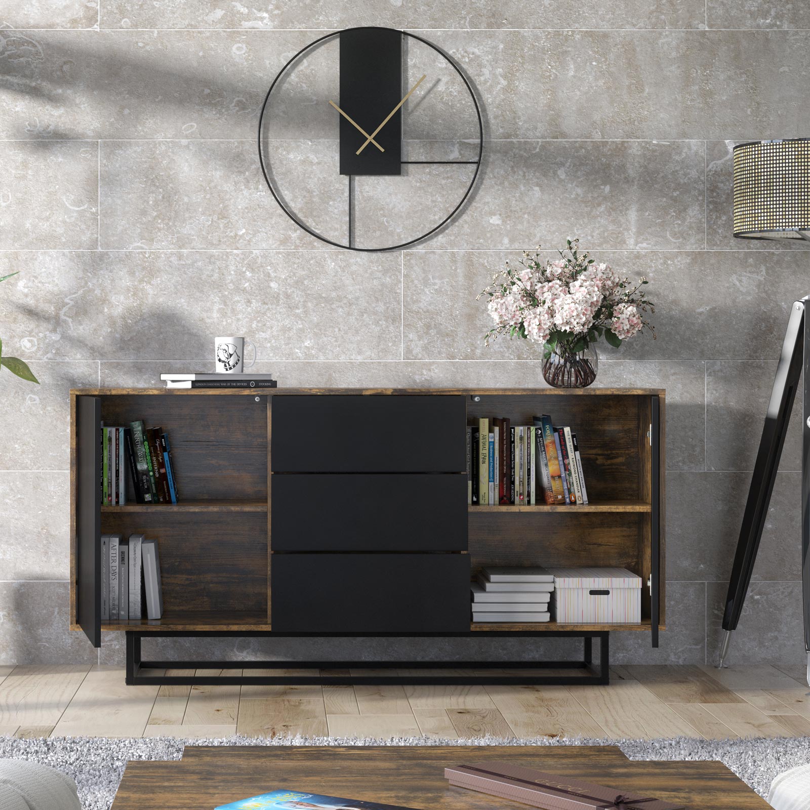 140cm Industrial Oak & Black Sideboard with Black Metal Frame – 2 Push-to-Open Doors & 3 Drawers, Modern Storage Cabinet - Image 3