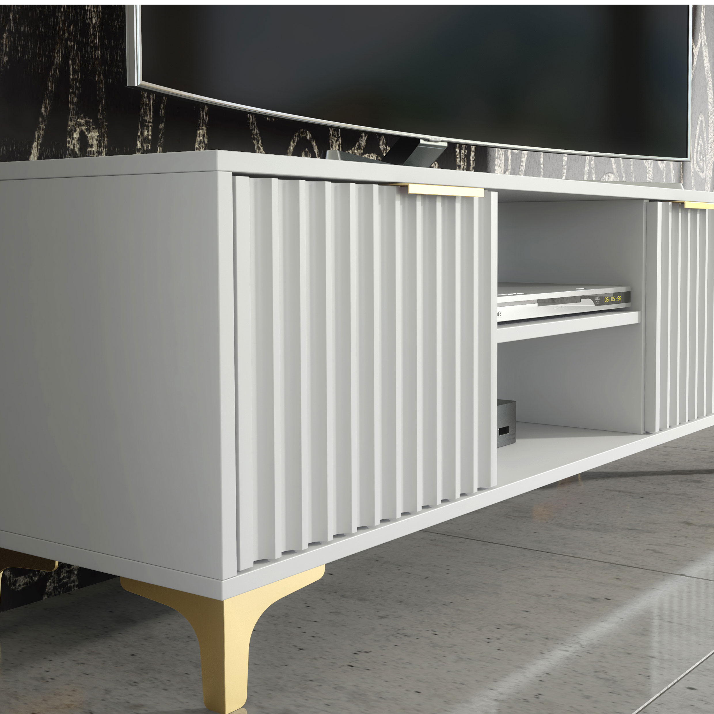 120cm White Fluted TV Unit with Gold Handles & Gold Legs – Modern Ribbed Media Cabinet - Image 4