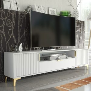 200cm Fluted TV Unit White & Gold – Large Modern Media Console with Drawer & Shelf, Ribbed Doors, Gold Handles & Legs