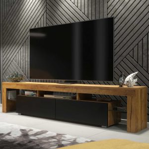 Extra-Wide 200cm Oak Matt & Black Matt TV Unit — Modern Media Cabinet with Glass Display, Push-to-Open Drop-Down Storage & AV Niches