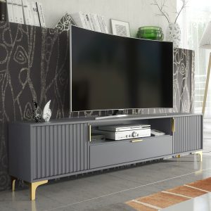 200cm Fluted TV Unit Grey & Gold – Large Modern Media Console with Drawer & Shelf, Ribbed Doors, Gold Handles & Legs