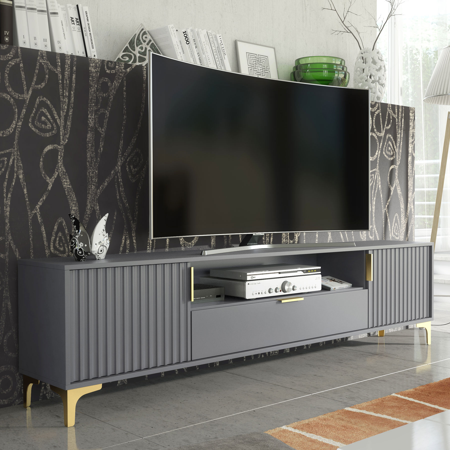 200cm Fluted TV Unit Grey & Gold – Large Modern Media Console with Drawer & Shelf, Ribbed Doors, Gold Handles & Legs
