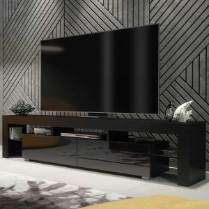 Extra-Wide 200cm Black Matt & Black Gloss TV Unit — Modern Media Cabinet with Glass Display, Push-to-Open Drop-Down Storage & AV Niches