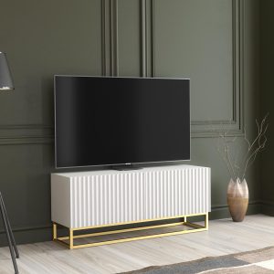 White Ribbed TV Unit 100cm – Matt Finish with Gold Frame – Modular Storage Cabinet