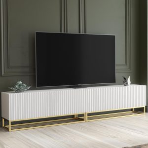 200cm Modular TV Unit White Matt with Ribbed Fronts & Gold Frame – Contemporary Storage Cabinet