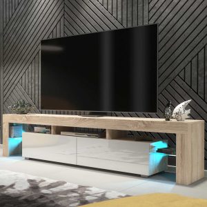 Extra-Wide 200cm Oak Matt & White Gloss TV Unit — Modern Media Cabinet with LED Glass Display, Push-to-Open Drop-Down Storage & AV Niches