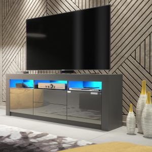160cm Modern TV Unit Grey Matt & Grey Gloss with Free LED Lights, Push-to-Open Doors and Drawers, Media Storage Cabinet for Living Room