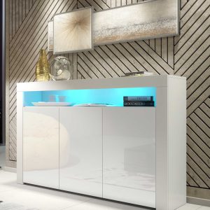 155cm Modern Sideboard White Matt & White Gloss with Free LED Lights, 3 Push-to-Open Doors, High Gloss Storage Cabinet for Living Room