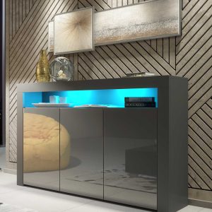 155cm Modern Sideboard Grey Matt & Grey Gloss, 3 Push-to-Open Doors, Free LED Lights, Contemporary Storage Cabinet for Living Room