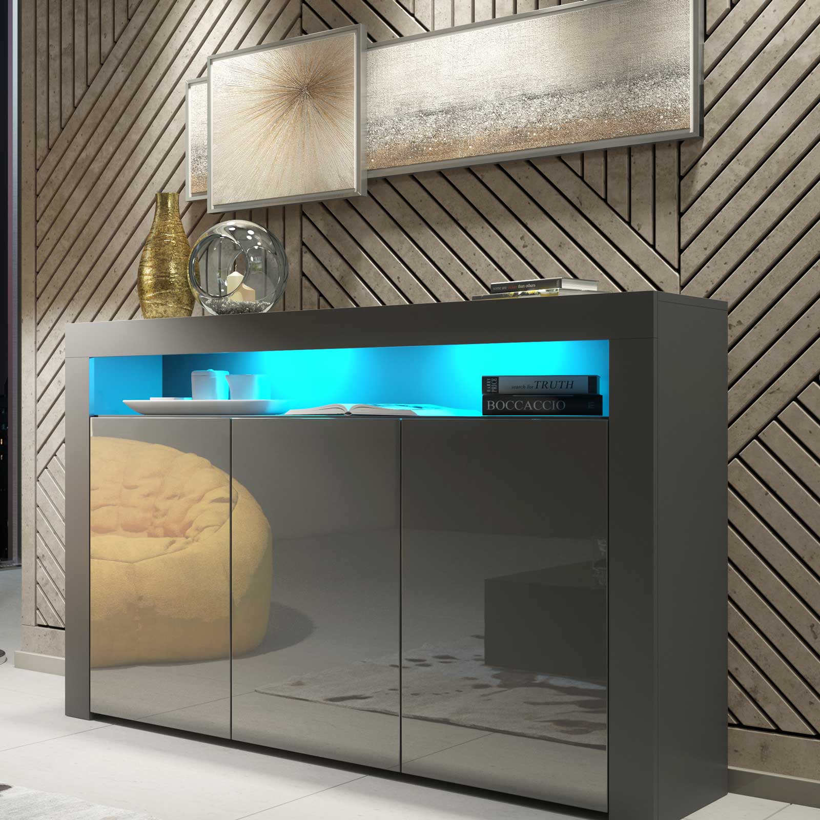 155cm Modern Sideboard Grey Matt & Grey Gloss, 3 Push-to-Open Doors, Free LED Lights, Contemporary Storage Cabinet for Living Room