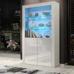 100cm Modern Display Cabinet White Matt & White Gloss with Free LED Lights, Push-to-Open Doors, Glass Shelves – Living Room Storage Unit