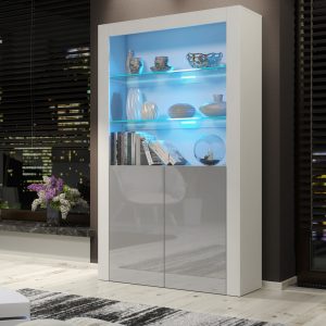 100cm Modern Display Cabinet White Matt & Grey Gloss with Free LED Lights, Push-to-Open Doors, Glass Shelves – Living Room Storage Unit