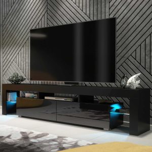 Extra-Wide 200cm Black Matt & Black Gloss TV Unit — Modern Media Cabinet with Glass Display, Push-to-Open Drop-Down Storage & AV Niches
