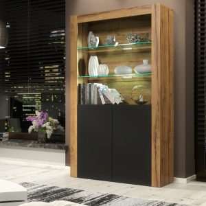 100cm Modern Display Cabinet Oak Effect & Black Matt, Free LED Lights, Push-to-Open Doors, Glass Shelves – Living Room Storage Unit