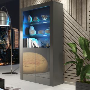 100cm Modern Display Cabinet Grey Matt & Grey Gloss, Free LED Lights, Push-to-Open Doors, Glass Shelves – Living Room Storage Unit