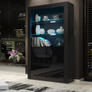 100cm Modern Display Cabinet Black Matt & Black Gloss with Free LED Lights, Push-to-Open Doors, Glass Shelves – Living Room Storage Unit