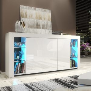 164cm Modern Sideboard White Matt & White Gloss with Free LED Lights – 3 Push-to-Open Doors, Glass Display Shelves, Contemporary Storage Cabinet