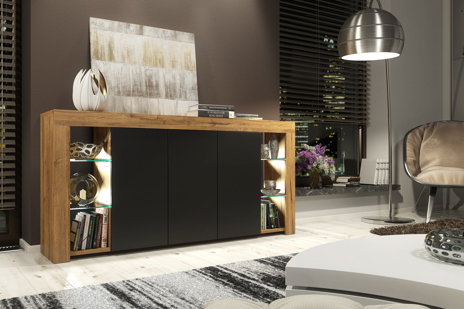 164cm Modern Sideboard Oak Matt & Black Matt with Free LED Lights – 3 Push-to-Open Doors, Glass Display Storage Cabinet - Image 5