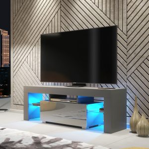 130cm Grey Matt & Grey Gloss TV Unit with Glass Shelves, Drop-Down Storage & Push-to-Open Doors