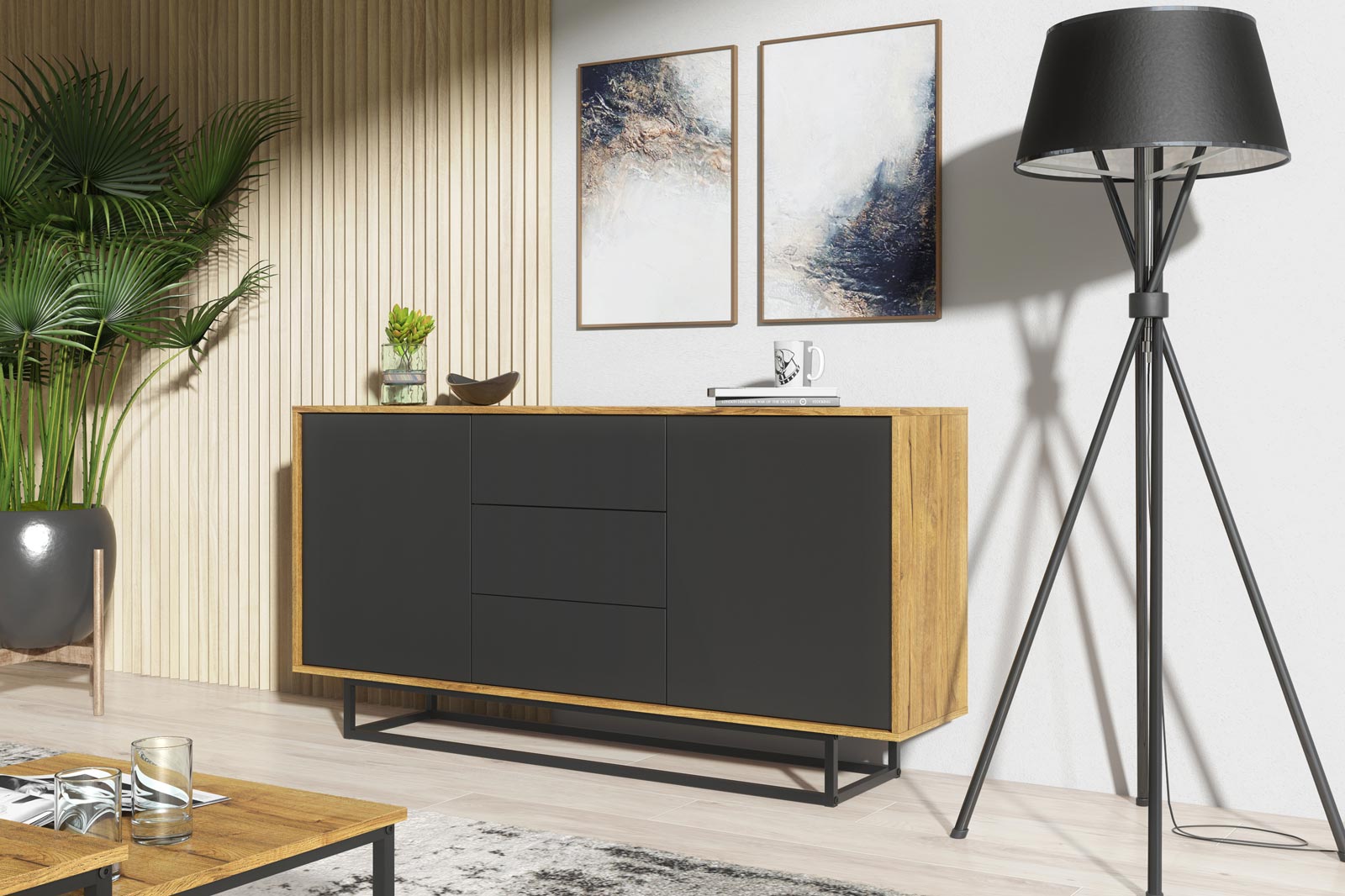 140cm Industrial Oak & Black Sideboard with Black Metal Frame – 2 Push-to-Open Doors & 3 Drawers, Modern Storage Cabinet - Image 5