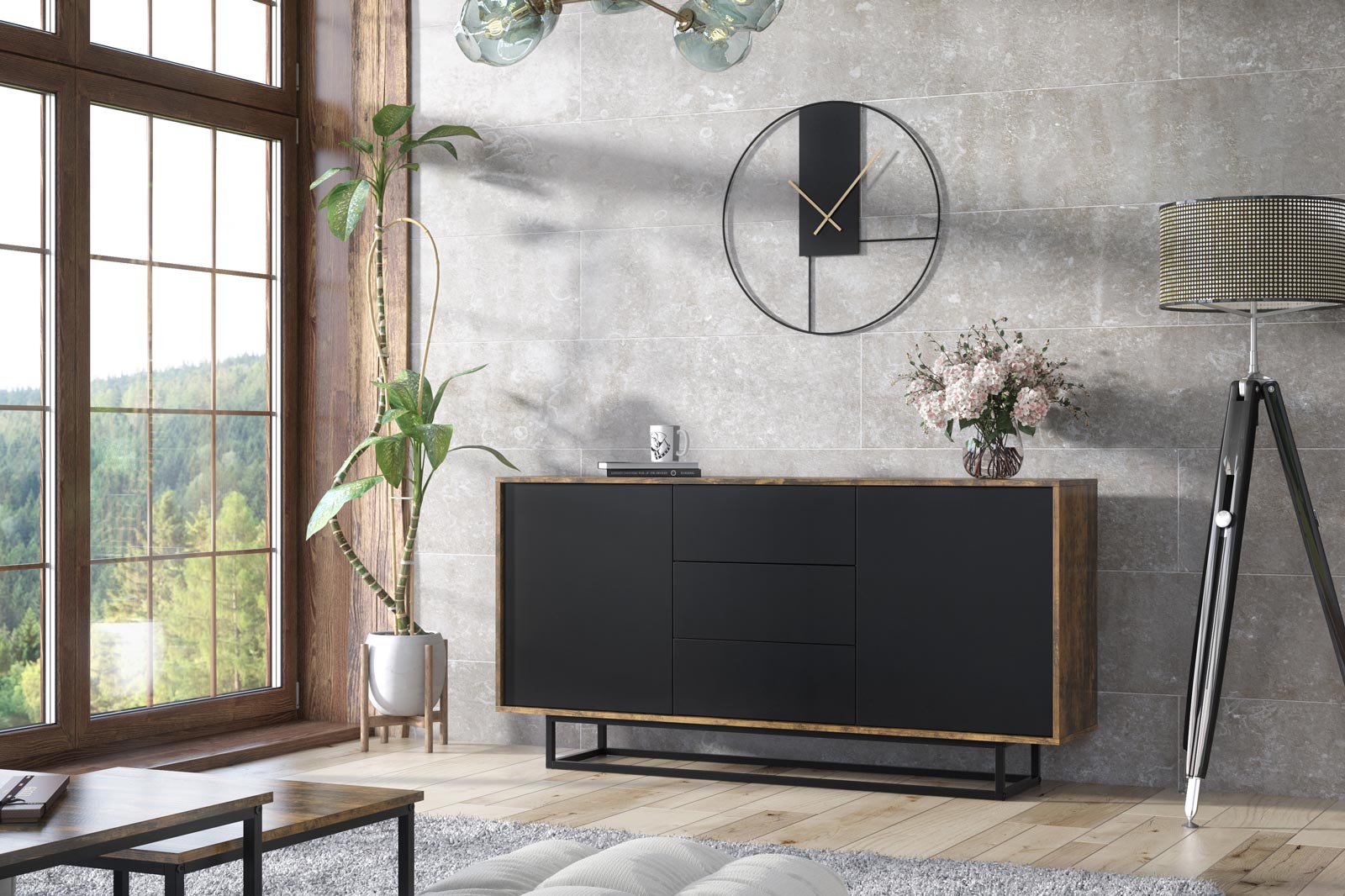 140cm Industrial Oak & Black Sideboard with Black Metal Frame – 2 Push-to-Open Doors & 3 Drawers, Modern Storage Cabinet - Image 5