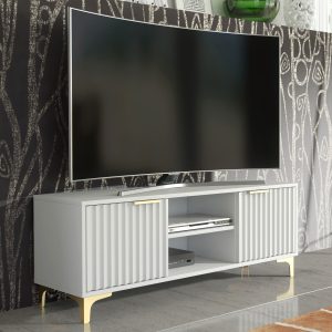 120cm White Fluted TV Unit with Gold Handles & Gold Legs – Modern Ribbed Media Cabinet
