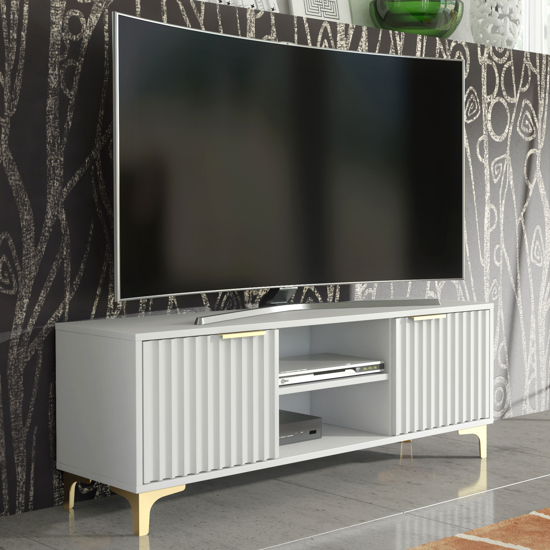120cm White Fluted TV Unit with Gold Handles & Gold Legs – Modern Ribbed Media Cabinet