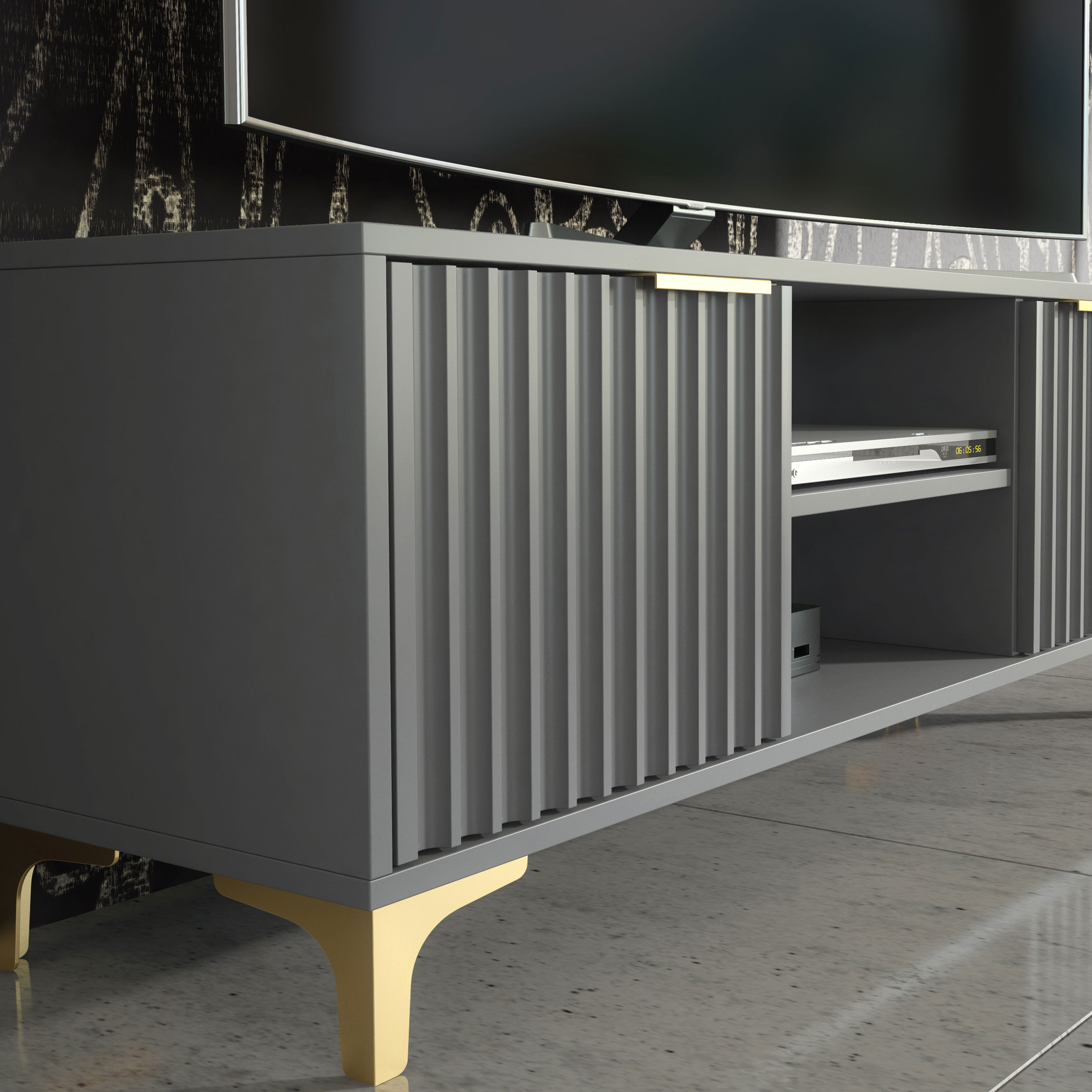 120cm Grey Fluted TV Unit with Gold Handles & Gold Legs – Modern Ribbed Media Cabinet - Image 4