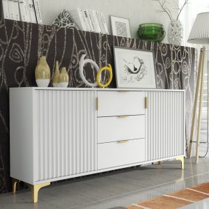 140cm White Fluted Sideboard with Gold Handles & Gold Legs – Modern Ribbed Door Cabinet with 3 Drawers
