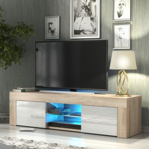 Modern 130cm Oak Matt & White Gloss TV Unit — Contemporary Media Cabinet with Push-to-Open Storage