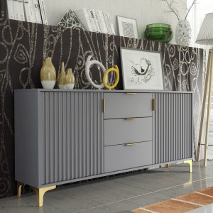 140cm Grey Fluted Sideboard with Gold Handles & Gold Legs – Modern Ribbed Door Cabinet with 3 Drawers