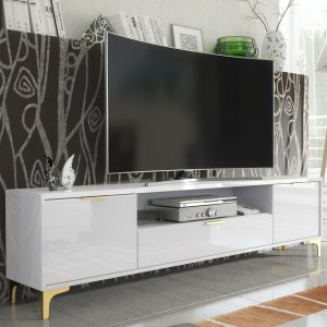 200cm White High Gloss TV Unit with Gold Handles & Gold Legs – Modern Large Media Cabinet