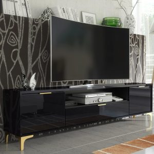 200cm Black High Gloss TV Unit with Gold Handles & Gold Legs – Modern Media Cabinet with Drawer and Open Shelf
