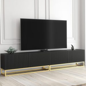 200cm Modular TV Unit Black Matt with Ribbed Fronts & Gold Frame – Contemporary Media Storage Cabinet